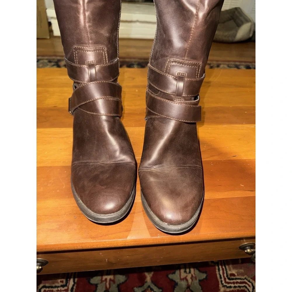 Merona Brown Buckled Faux Leather Knee-High Riding Boots Women's Size 9.5